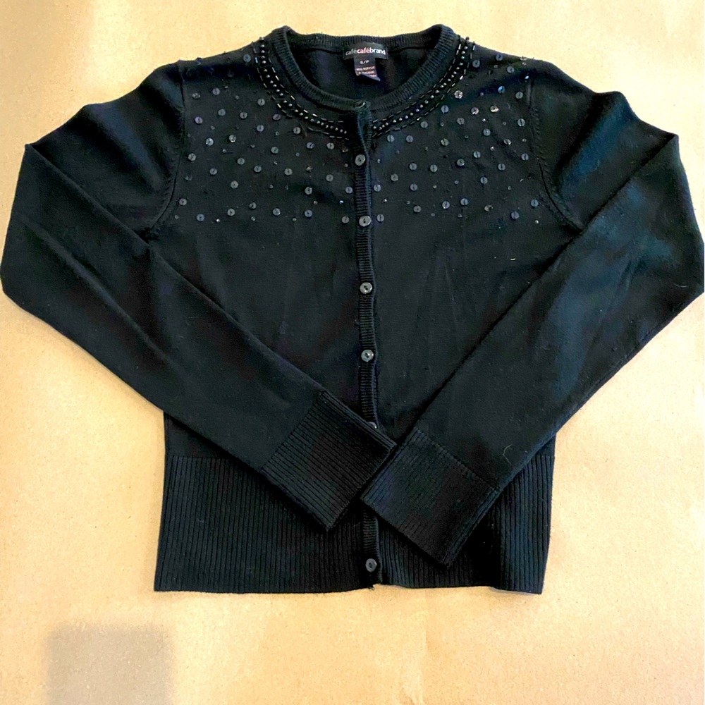 Women’s Small Black Cardigan with Black Button Front Sequins Sweater Shirt Top